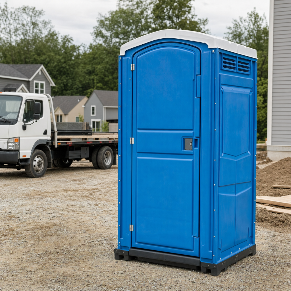 Delivery driver positioning a clean royal-blue portable toilet on level ground at a Camden worksite