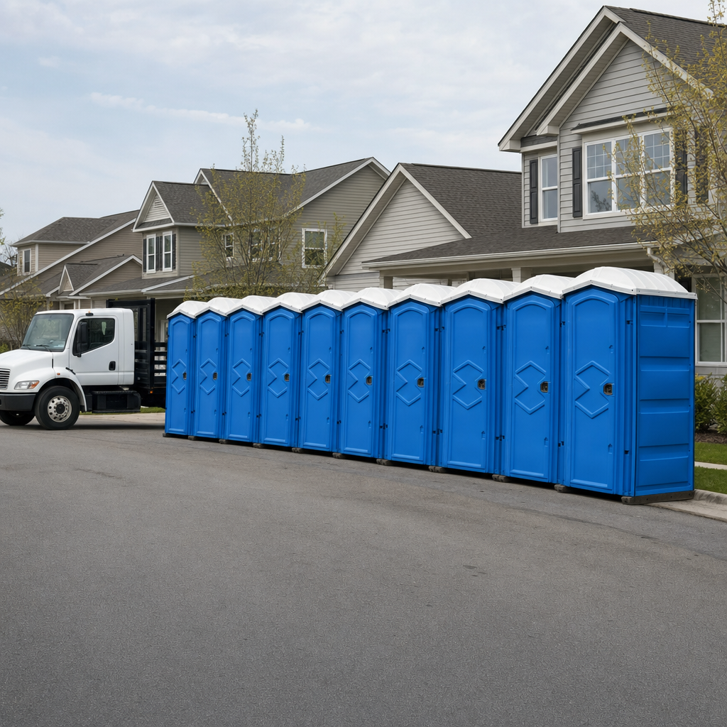 Royal blue portable toilets staged in a tidy row at a Camden jobsite, ready for delivery
